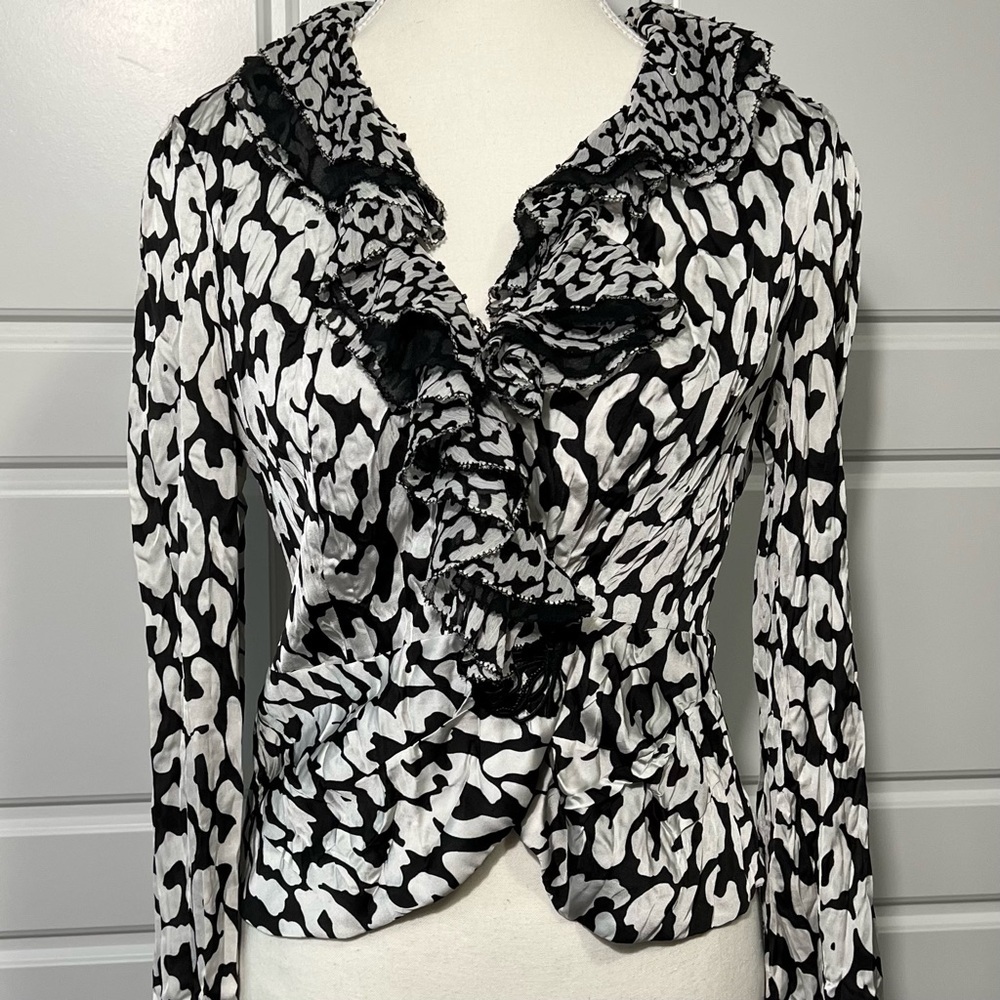 Alberto Malaki Ruffled Blouse Animal Print Long Sleeve Top Black White Career SM